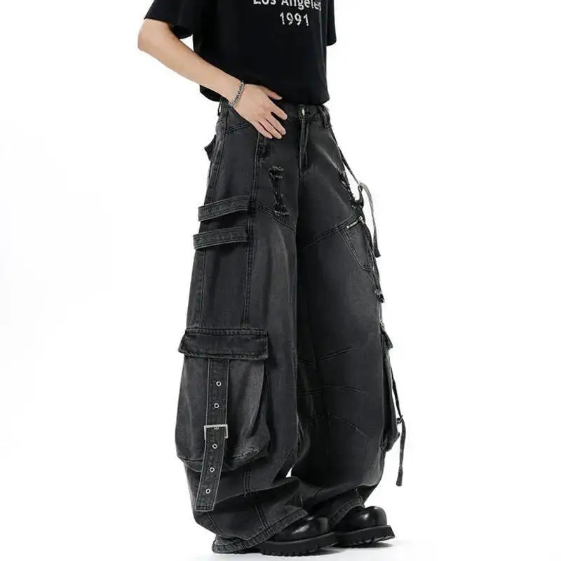 American Style Men'S Jeans Solid Color Multi Pockets Casual Worn-Out Trousers Deconstruction Wide Leg Denim Pants 9W4066