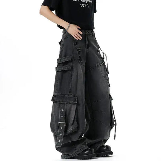 American Style Men'S Jeans Solid Color Multi Pockets Casual Worn-Out Trousers Deconstruction Wide Leg Denim Pants 9W4066