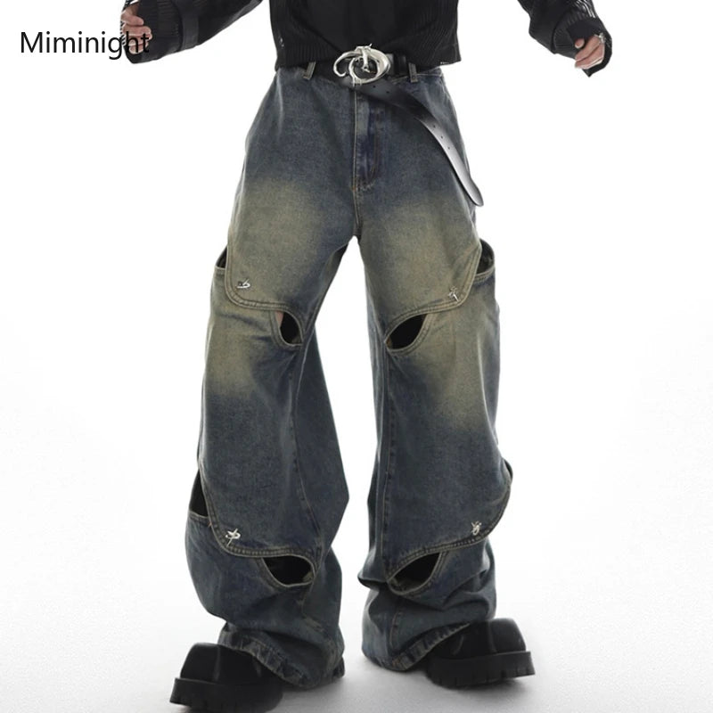 Vintage Y2K Wide Leg Jeans Pants Men Streetwear Baggy Distressed Denim Trousers Male Oversize Hollow Out Casual Korean Hip Hop