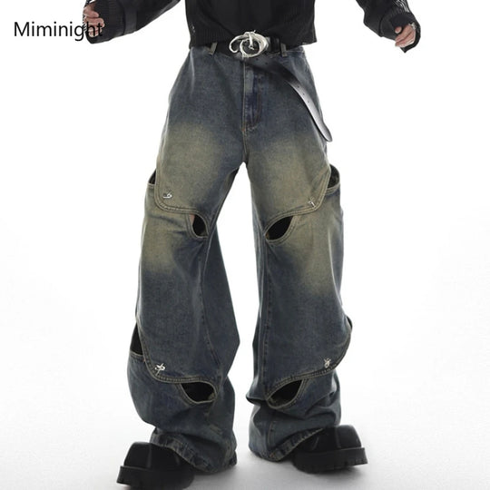 Vintage Y2K Wide Leg Jeans Pants Men Streetwear Baggy Distressed Denim Trousers Male Oversize Hollow Out Casual Korean Hip Hop
