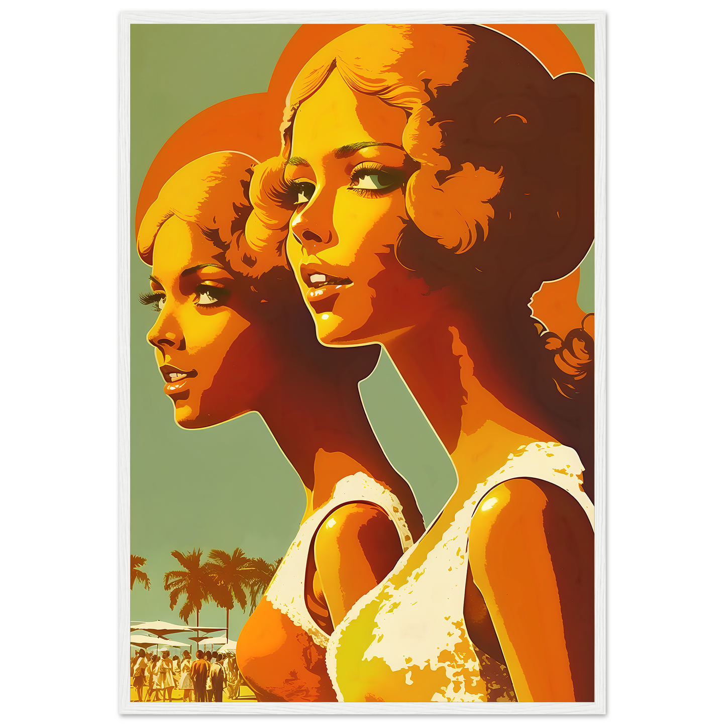 Two Women At Beach With Palm Trees In The Summer, Vintage 1950s Beach Poster