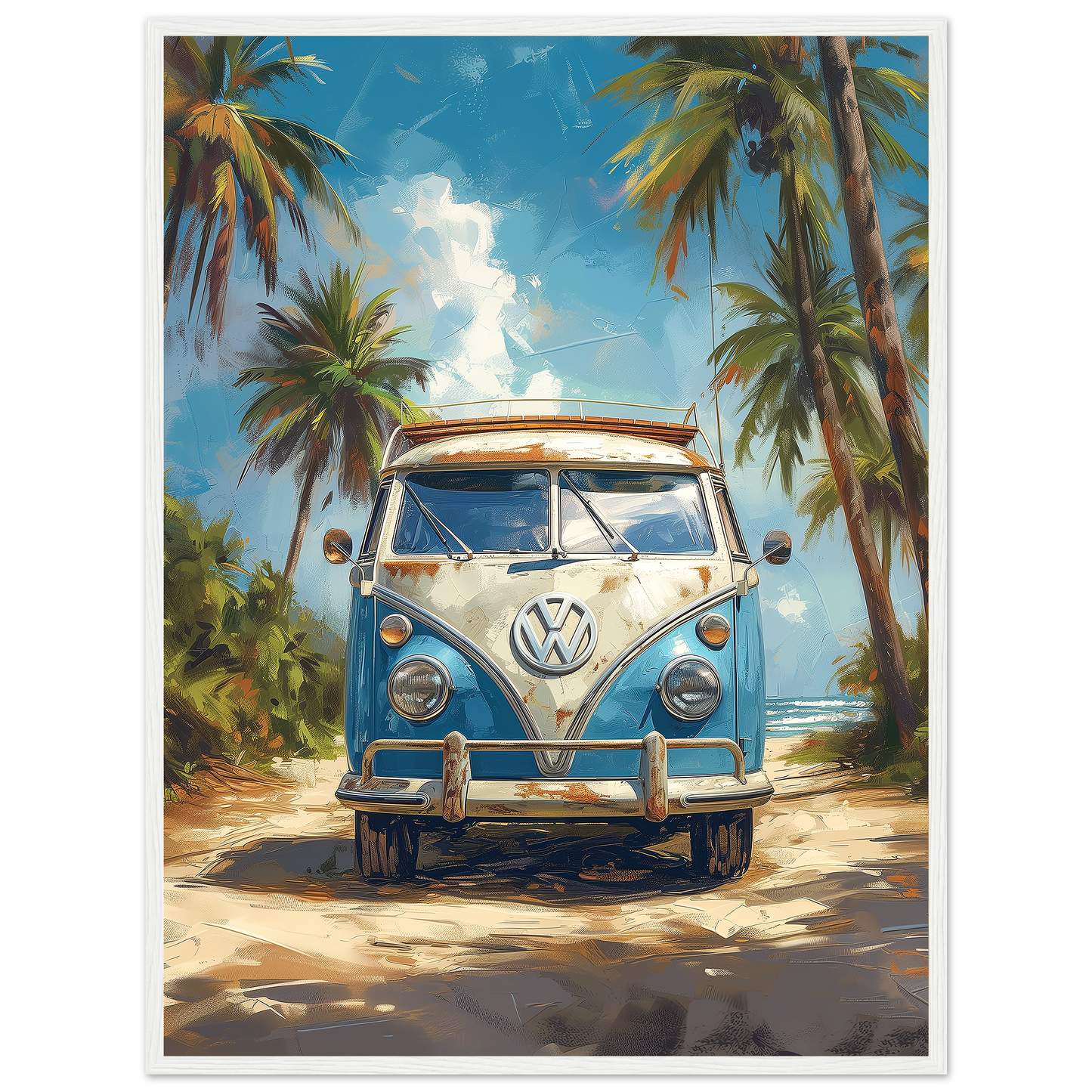 Retro VW Van On California Coastline, Palette Knife Textured Painting