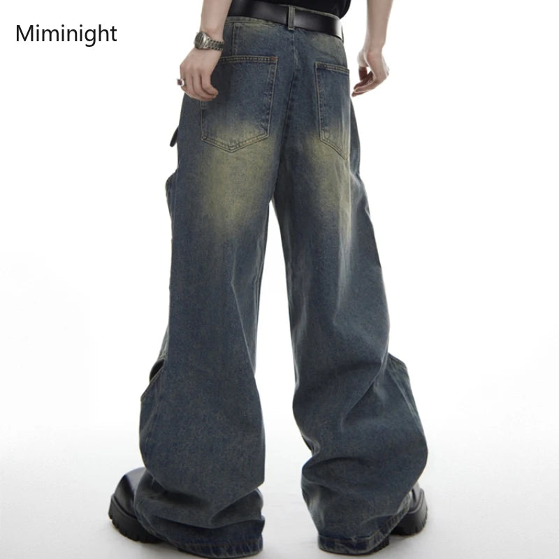 Vintage Y2K Wide Leg Jeans Pants Men Streetwear Baggy Distressed Denim Trousers Male Oversize Hollow Out Casual Korean Hip Hop