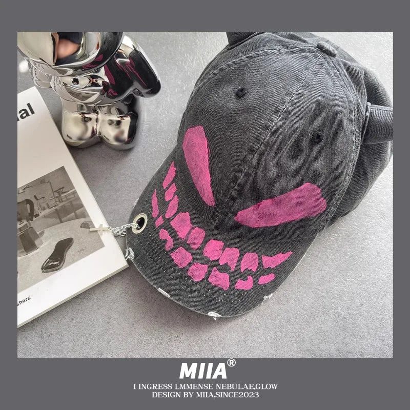 Korean Y2K Little Devil Horn Hand-Painted Hole Baseball Hat Street Trend Men and Women Personality Adjustable Casual Hip-Hop Cap