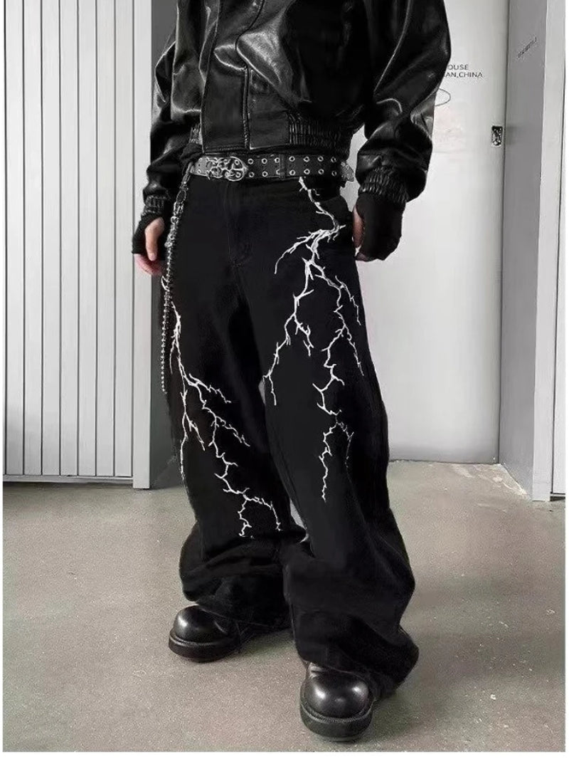 Y2K Fashion Baggy Jeans Black Men'S Streetwear Straight Oversize Wide-Leg Pants Vintage Lightning Pattern Loose Denim Trousers