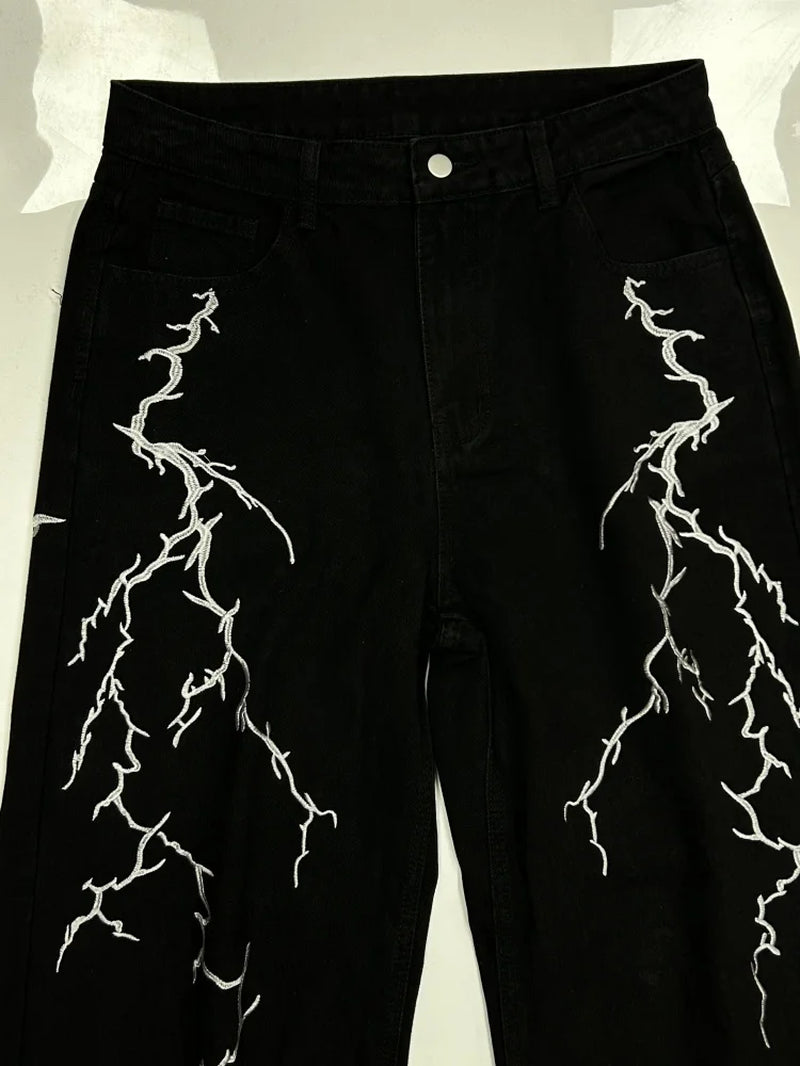 Y2K Fashion Baggy Jeans Black Men'S Streetwear Straight Oversize Wide-Leg Pants Vintage Lightning Pattern Loose Denim Trousers