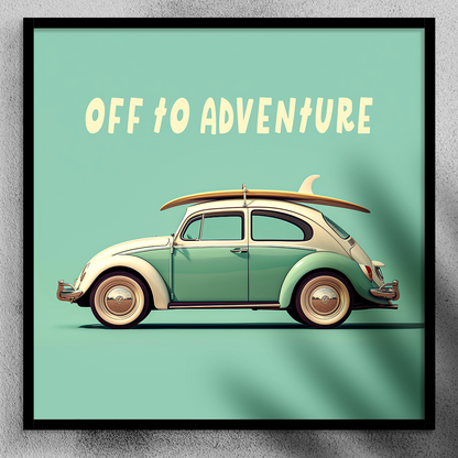 Off To Adventure, Volkswagen Beetle With Surf Board