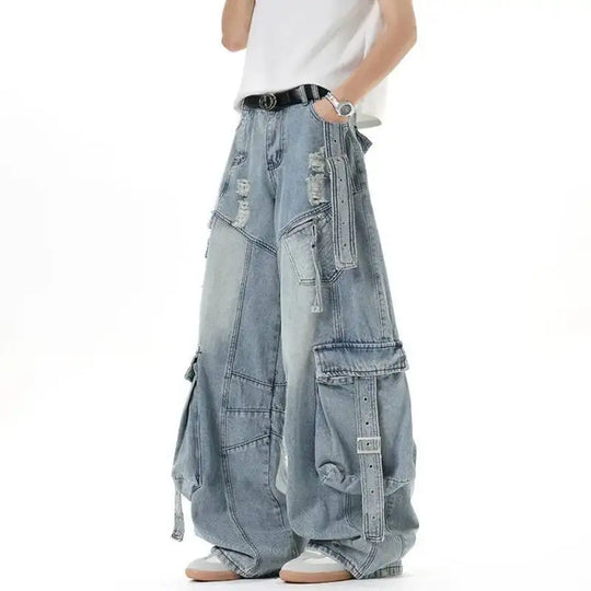 American Style Men'S Jeans Solid Color Multi Pockets Casual Worn-Out Trousers Deconstruction Wide Leg Denim Pants 9W4066