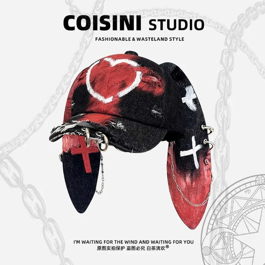 Designer Wasteland Style Love Graffiti Rabbit Ear Baseball Cap Y2K Autumn Winter Street Personality Hole Retro Denim Hats Unisex