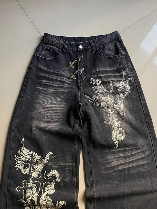 American New Fashion Oversized Print Black Old Baggy Jeans Women Y2K Harajuku Hip Hop Popular Casual Joker Wide-Leg Pants
