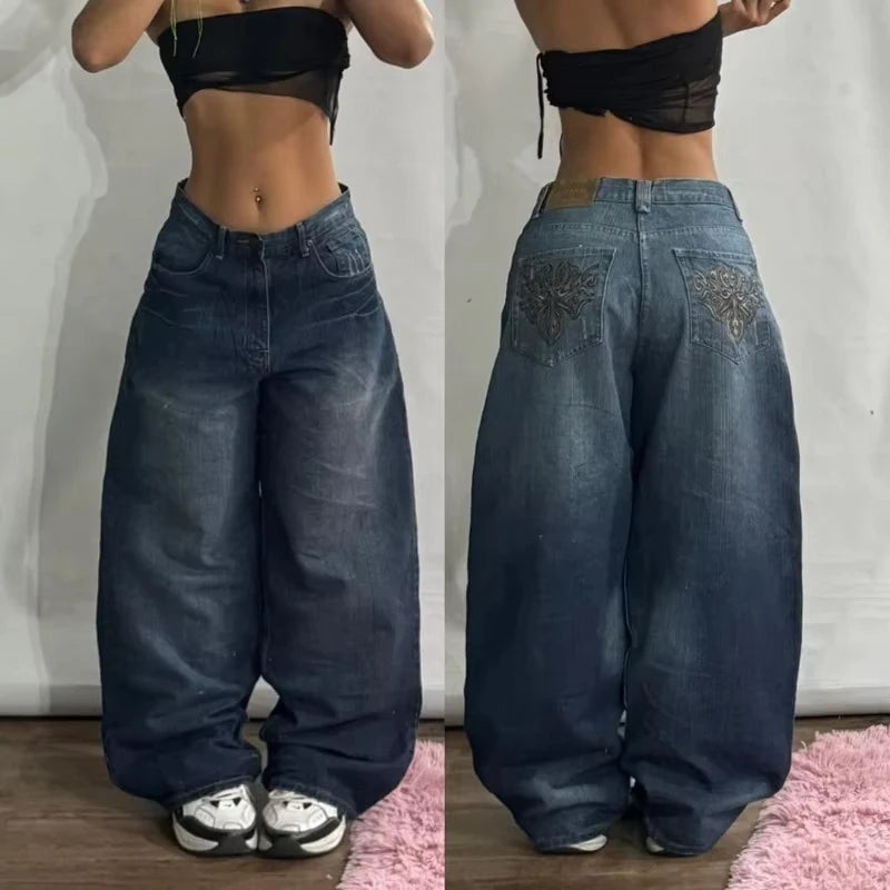 American New Fashion Oversized Print Black Old Baggy Jeans Women Y2K Harajuku Hip Hop Popular Casual Joker Wide-Leg Pants