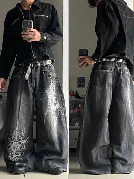 American New Fashion Oversized Print Black Old Baggy Jeans Women Y2K Harajuku Hip Hop Popular Casual Joker Wide-Leg Pants