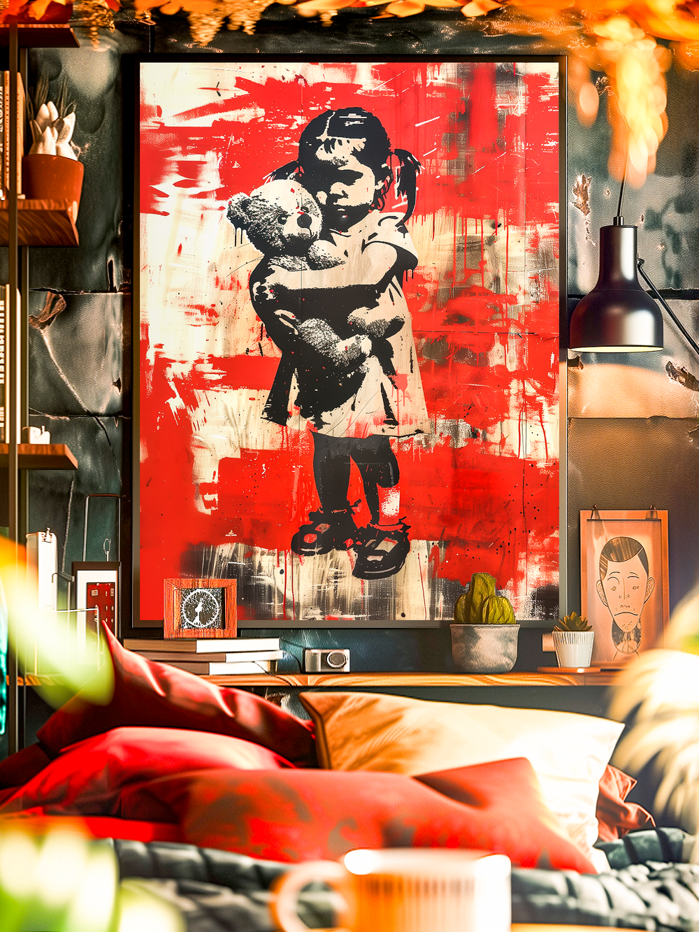 A framed Banksy style street art poster depicting a girl holding a teddy bear, set against a bold red and beige distressed background. The artwork captures the raw, urban aesthetic typical of Banksy’s stencil approach, bringing a powerful and emotional statement into modern interiors. Displayed in a cozy room with warm lighting, shelves, and decorative accents, the poster adds an edgy yet artistic focal point to contemporary wall décor.