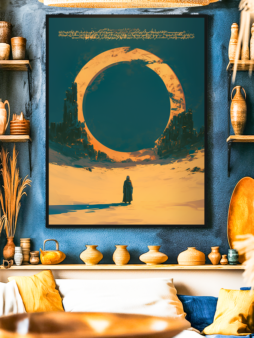 A surreal desert-inspired wall art print depicting a lone cloaked figure walking across golden sands beneath a massive glowing circular ring against a deep blue sky, surrounded by abstract rocky formations and mysterious script at the top.