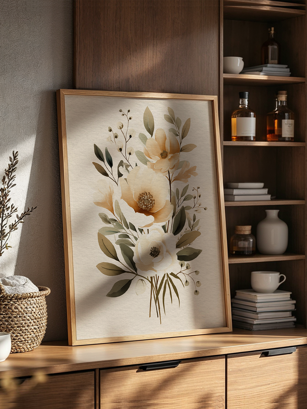 A delicate floral art print featuring large beige and cream-colored flowers with green foliage, set in a light wooden frame. The poster rests on a wooden sideboard in a warm-toned room with open shelves, decorative ceramics, and whiskey bottles, creating a calm and refined atmosphere with natural textures and soft lighting.