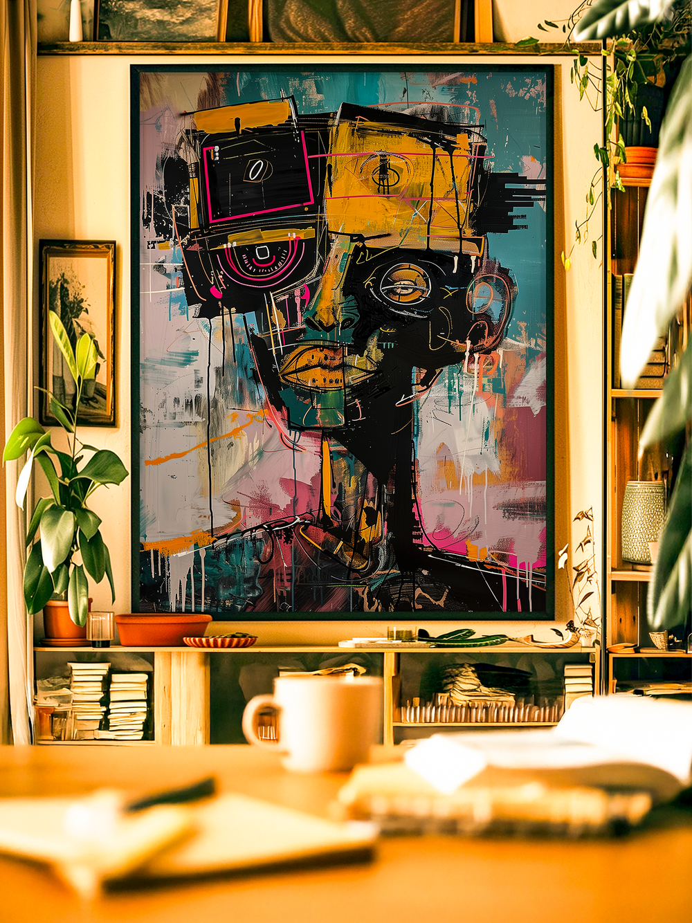 Colorful abstract portrait painting in Basquiat style with bold lines, geometric shapes, and vibrant hues displayed in a cozy living room with plants, bookshelves, and warm natural light.
