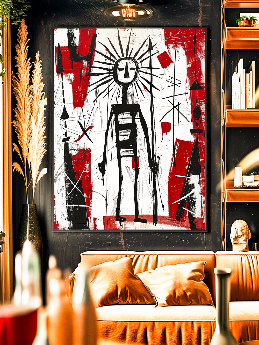 Contemporary Basquiat style painting featuring abstract figure art with geometric red and black accents, displayed in a modern living room interior.