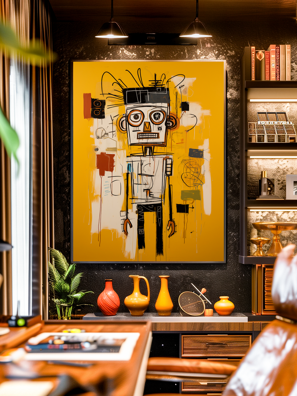 Framed Basquiat-inspired abstract painting with bold yellow background hanging on a textured dark wall, surrounded by warm lighting, colorful ceramic vases, books, and modern interior design elements.