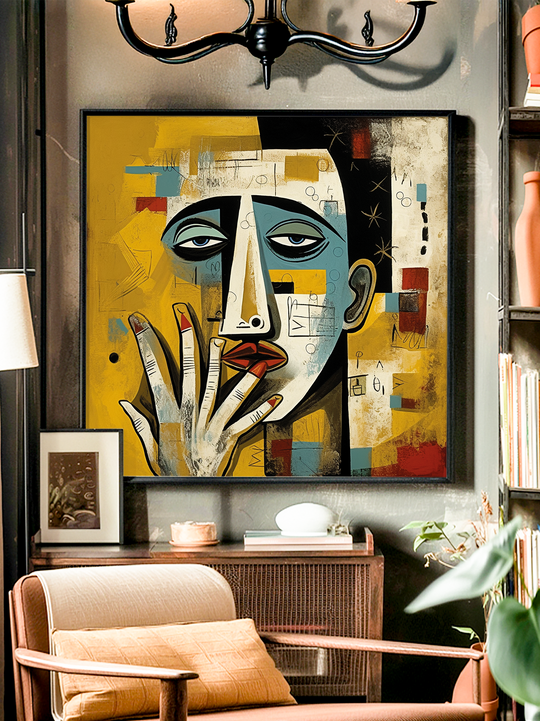Abstract painting in Basquiat-inspired style featuring a colorful cubist face with geometric shapes and bold lines, displayed in a modern living room with wooden furniture, warm tones, bookshelves, and indoor plants.
