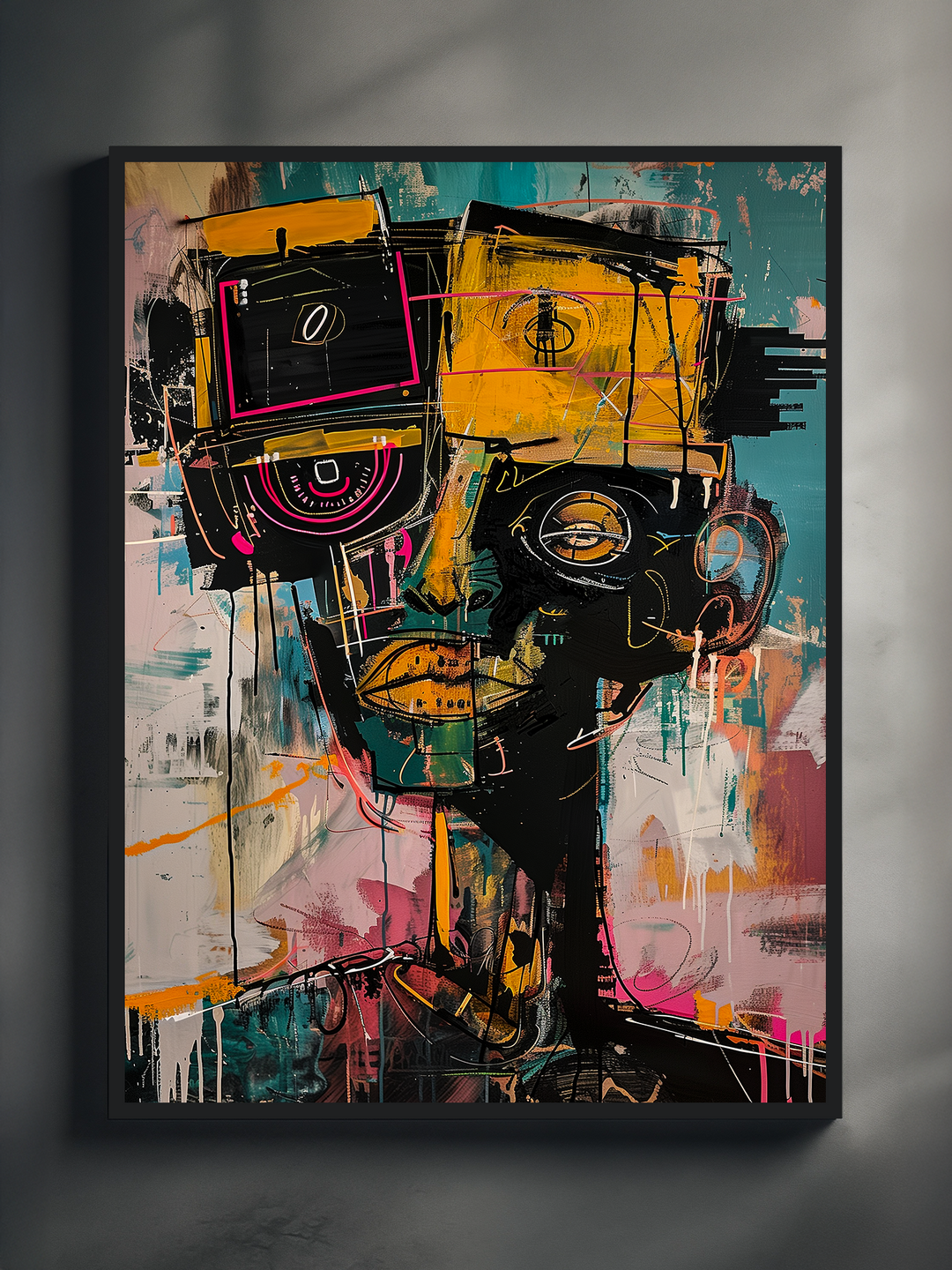 Modern abstract portrait poster with colorful geometric shapes, bold brush strokes, yellow, pink, and teal colors, displayed in a contemporary room setting.