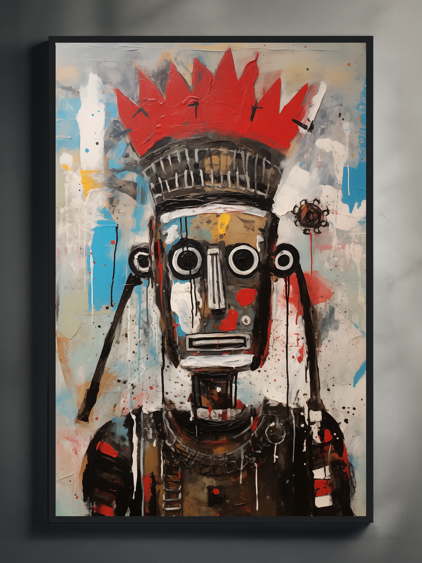 A raw mixed-media style indigenous portrait of a robotic figure with bold circular eyes and a red crown, surrounded by expressive paint drips, splashes, and urban graffiti textures.
