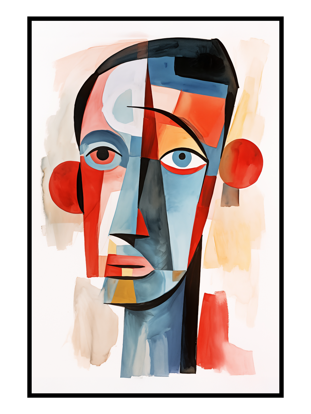 Modern wall art poster featuring a stylized abstract human face inspired by cubist and modern art. The portrait is composed of bold geometric shapes and layered color blocks in red, blue, beige, and muted tones, creating a fragmented yet balanced facial expression. Contemporary abstract portrait wall art designed as a striking poster for modern interiors, art-focused spaces, and minimalist decor.