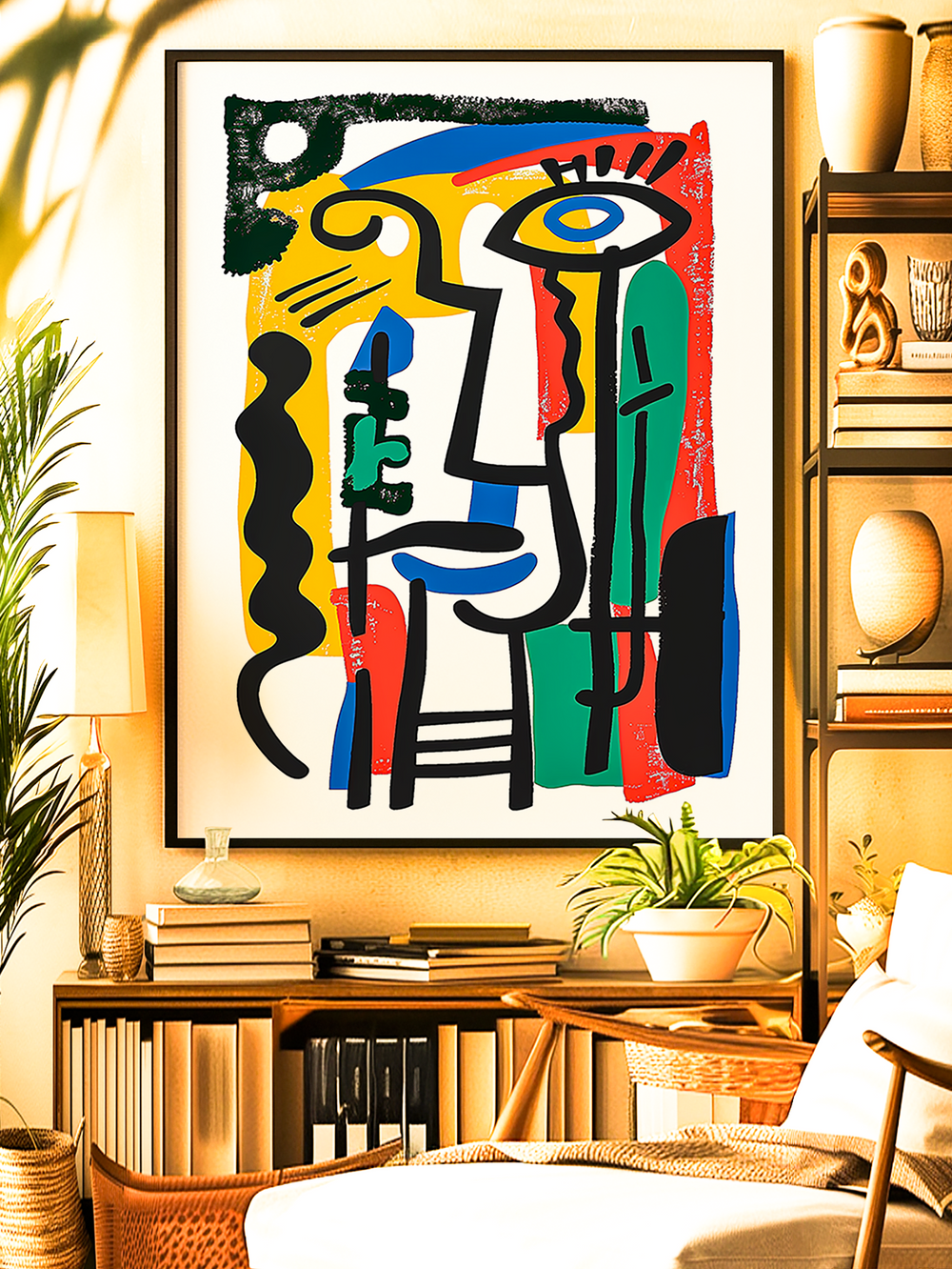 Modern abstract cubist-style portrait poster with bold shapes and vivid colors including red, blue, green, yellow, and black, displayed in a cozy living room with warm lighting, plants, bookshelves, and natural wood furniture.