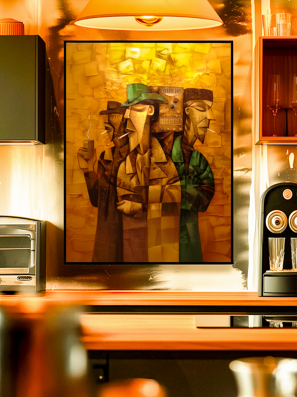 Abstract cubist artwork depicting three men with angular faces and geometric shapes, wearing hats and coats, standing together in a warm-toned bar interior, illuminated by ambient golden light.