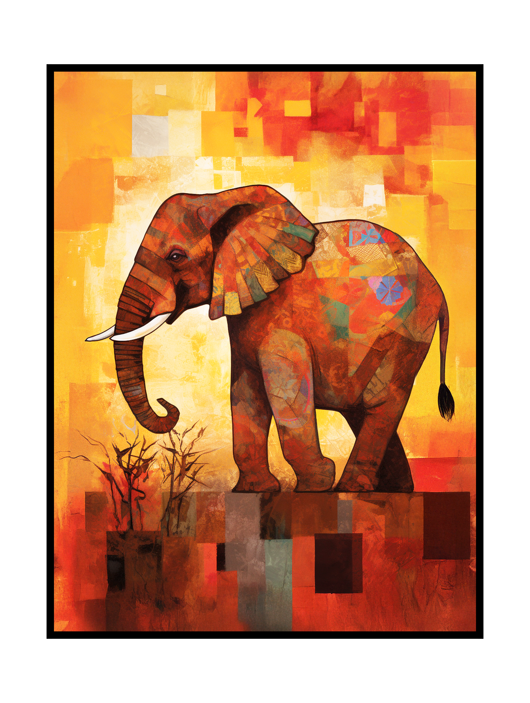 Stylized artistic illustration of an elephant standing on abstract geometric blocks, rendered in warm orange, red, and yellow tones. The design combines organic animal forms with textured collage elements and a modern, painterly aesthetic, creating a bold and expressive contemporary art composition.