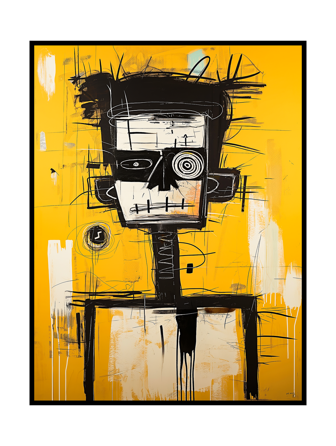 Bold abstract illustration of a stylized robot figure inspired by Basquiat style, featuring rough hand-drawn lines, raw textures, and expressive shapes on a vivid yellow background, evoking modern expressionist and contemporary art aesthetics.