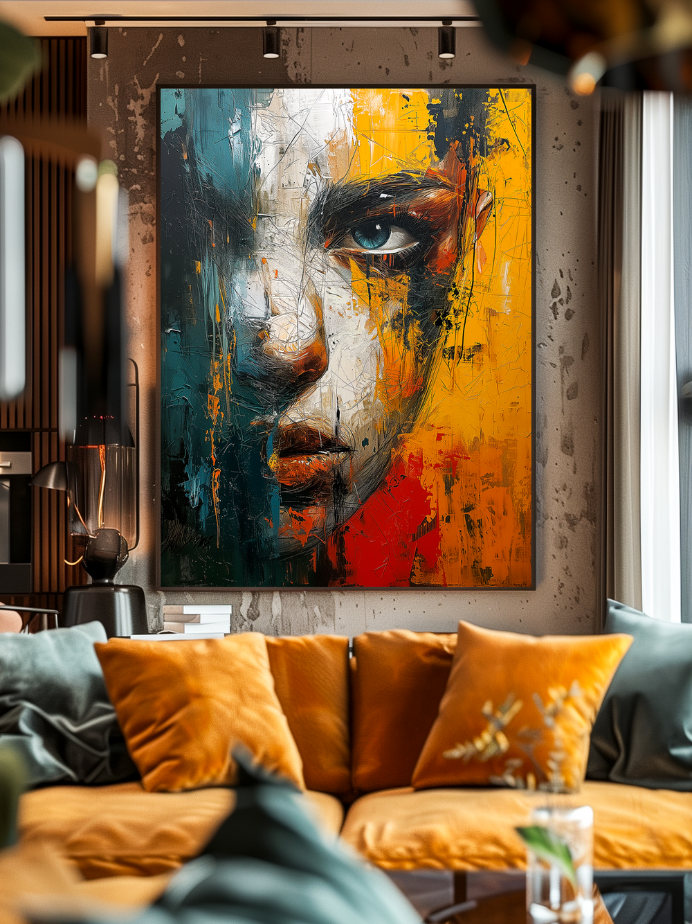 A vibrant abstract portrait featuring a close-up face in bold strokes of blue, red, yellow, and white, displayed on a textured wall in a cozy modern living room with warm mustard cushions and soft natural lighting.