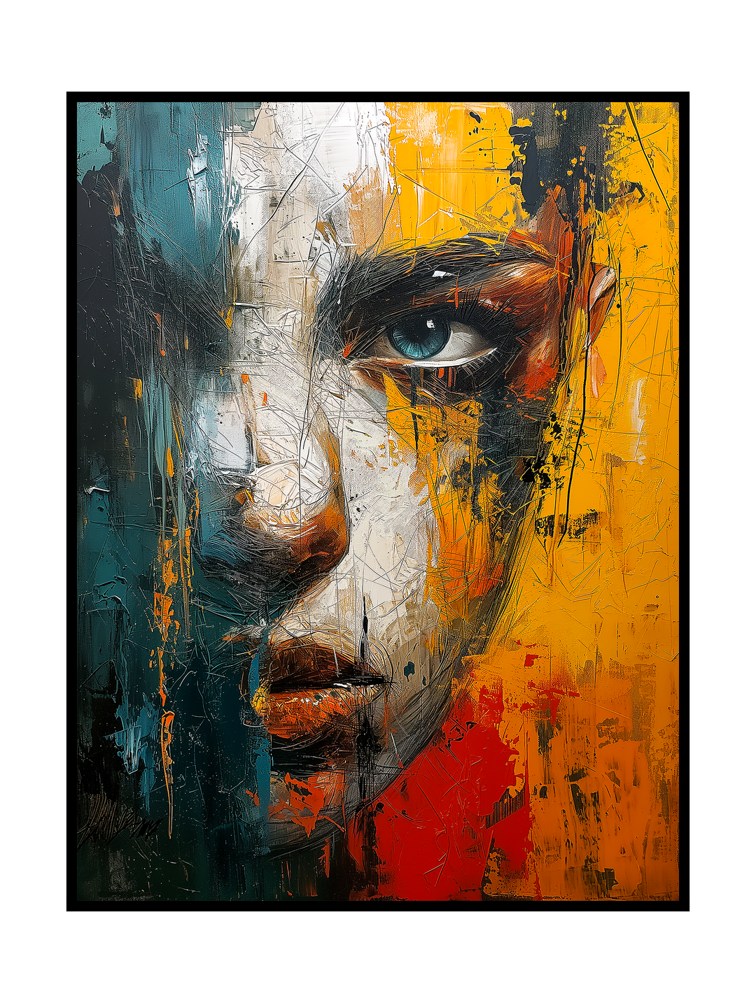 Powerful abstract wall art poster featuring a close-up female face divided by contrasting textures and colors. Expressive brushstrokes in teal, white, yellow and deep red create a raw, emotional portrait with strong depth and movement. Contemporary modern artwork designed as statement wall art for art-focused interiors, creative studios or modern living spaces.