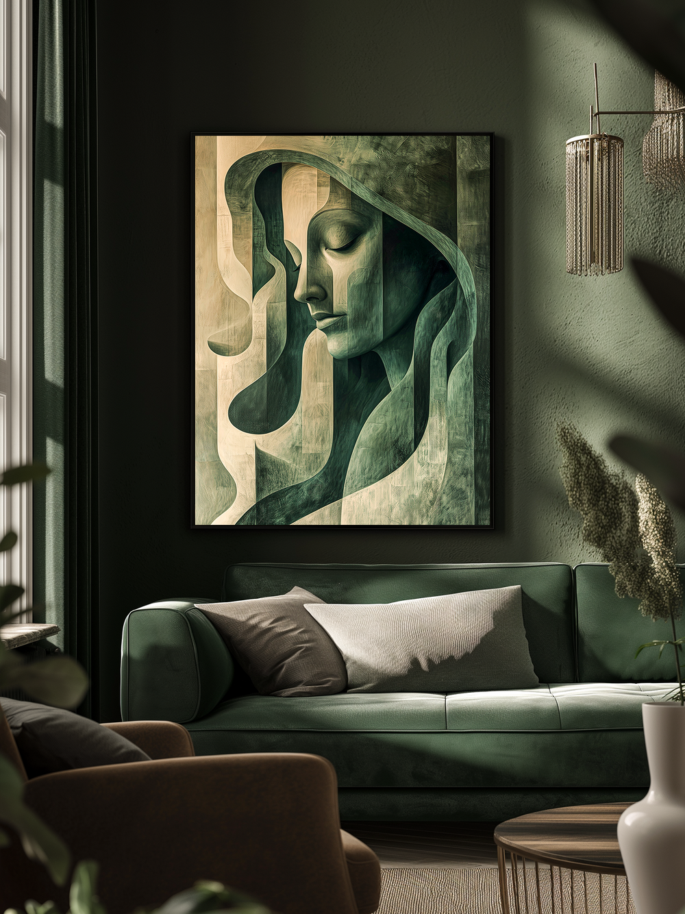A modern abstract portrait of a woman’s face in flowing green shapes hangs centered above a dark green velvet sofa. The wall behind is painted in a matching muted green tone, creating a monochromatic and moody atmosphere. The room features natural light, soft shadows, neutral cushions, and textured decor like pampas grass and a wooden coffee table, with blurred plants in the foreground adding visual depth.