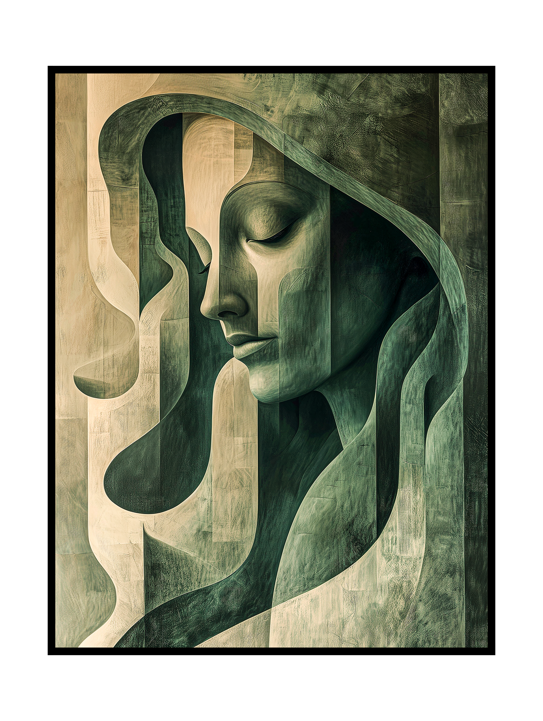 Modern abstract wall art poster featuring a serene female portrait composed of flowing geometric shapes and layered textures in muted green and beige tones in an M. C. Escher. Cubist-inspired illustration with soft curves and a calm, introspective expression, creating a harmonious and artistic composition. Contemporary portrait artwork designed as elegant wall art for modern interiors, studios or design-focused living spaces.