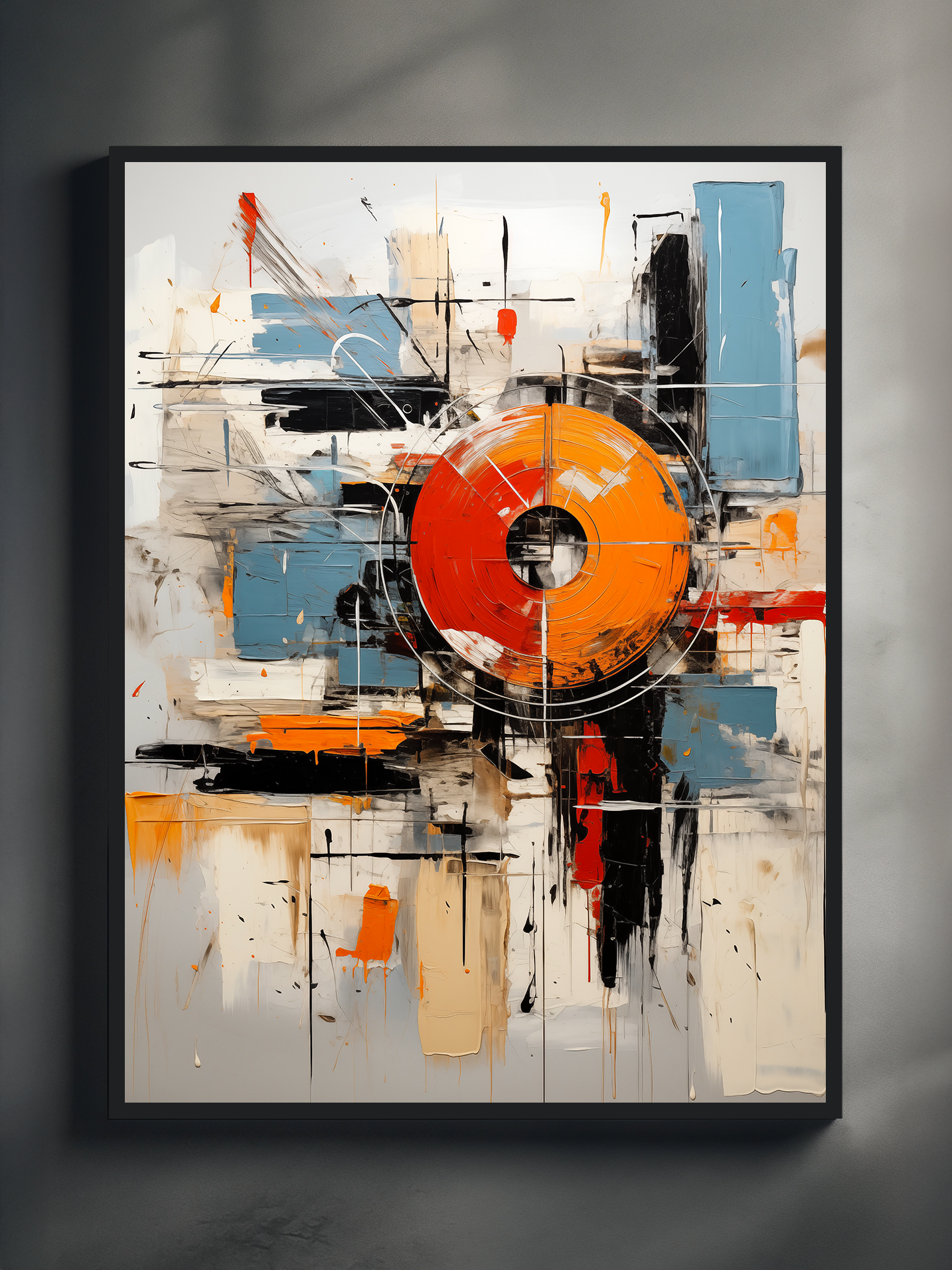Contemporary abstract wall art featuring a bold orange and red circular focal point with layered geometric blocks, clean lines, and textured modern paint strokes in blue, black, and neutral tones.