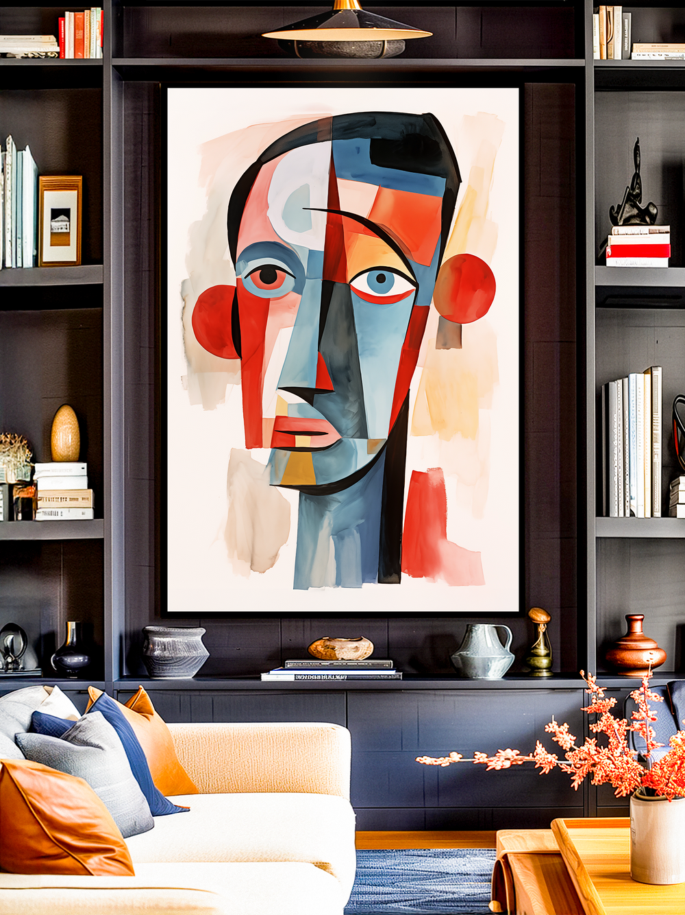 Large abstract painting of a stylized face with bold geometric shapes in red, blue, yellow, and black tones, displayed on a dark built-in wall unit. The artwork is framed and serves as the focal point above a modern cream sofa with colorful pillows. Shelves with books, ceramics, and decorative items surround the piece, adding a sophisticated and artistic atmosphere.