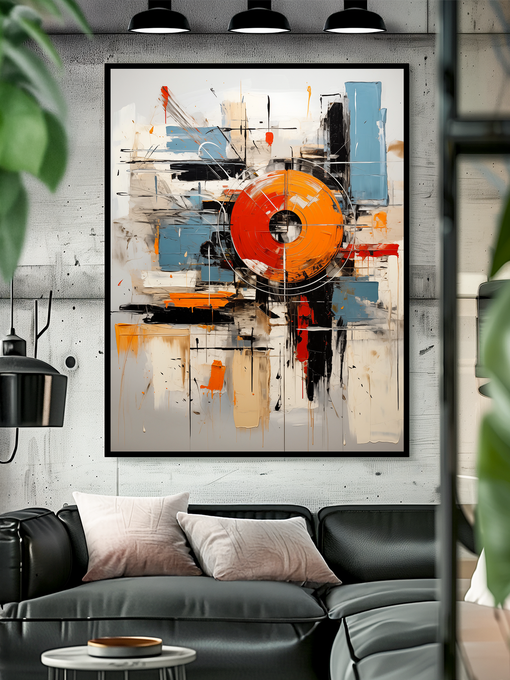 Bold abstract painting with vibrant orange, blue, black, and beige geometric shapes, displayed above a sleek black leather sofa with neutral cushions, modern lighting, and a contemporary interior design.