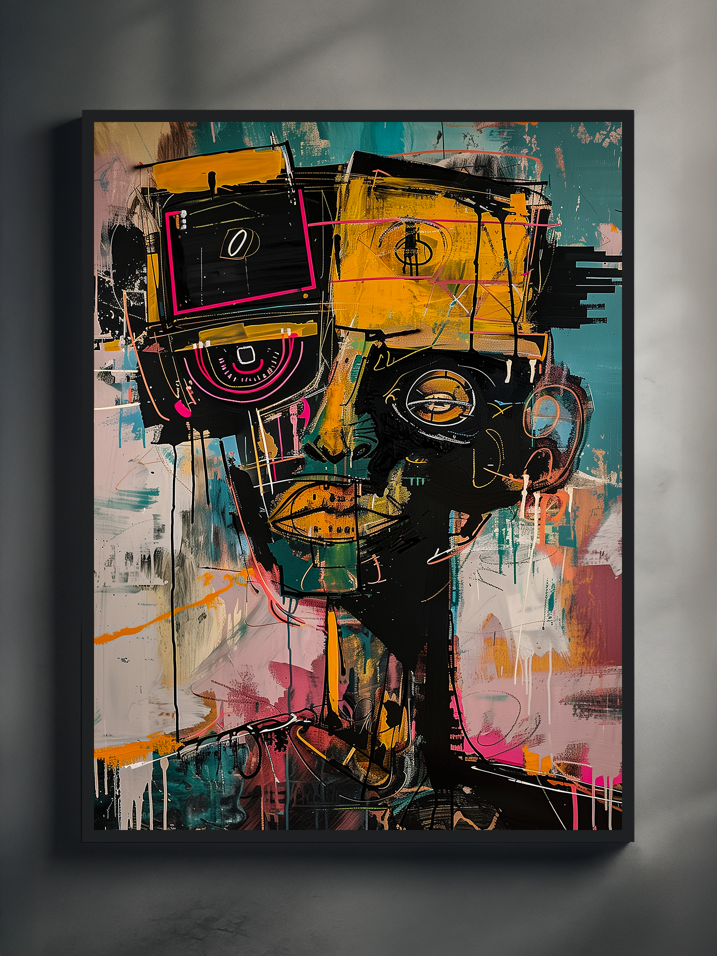 Modern street art print featuring an abstract portrait face in neon pink and yellow with bold black shapes, paint drips, and layered teal and pastel textures inspired by basquiat.