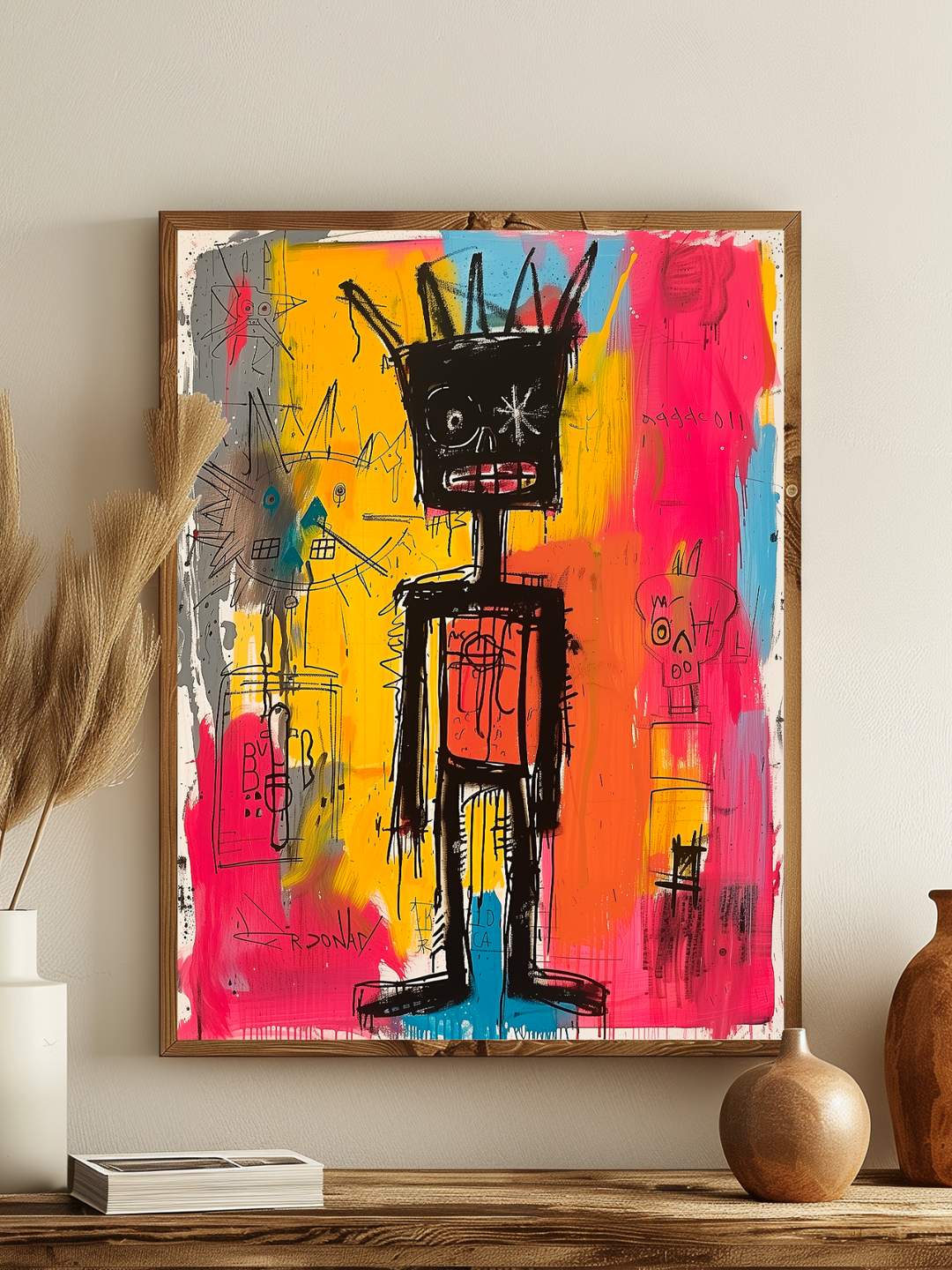 Close-up view of a vibrant graffiti-style abstract poster framed in light wood, standing on a rustic wooden console decorated with natural vases and dried plants, minimalistic modern room with a creative artistic atmosphere.