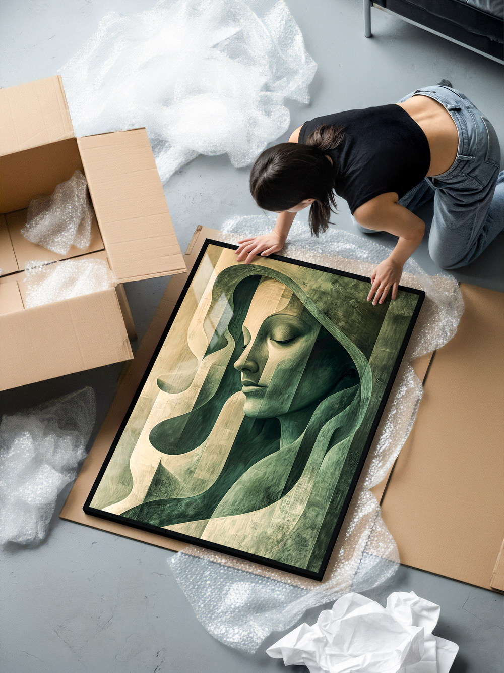 A framed abstract green portrait of a serene woman with layered geometric shapes inspired by cubist and MC-Escher-style forms, printed on premium 200 gsm matte paper and protected with shatterproof plexiglass in a sleek black aluminum frame.
