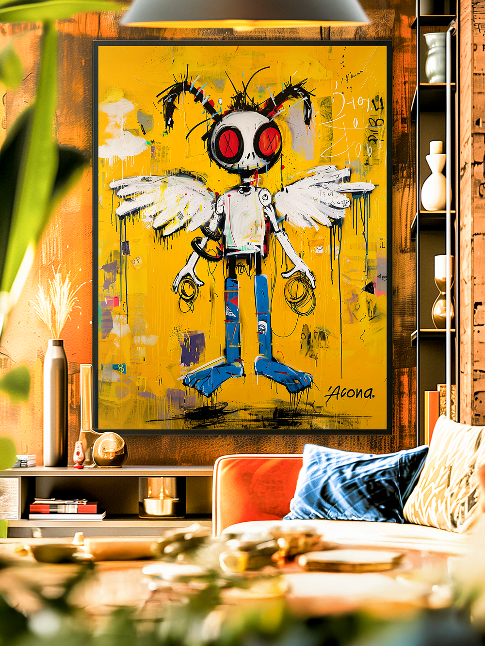 A striking abstract bee-inspired wall art piece with white wings, red eyes, and a vivid yellow background. Created in a neo-expressionist Basquiat-inspired style, this bold artwork combines street art energy with symbolic depth, making it perfect for contemporary interiors seeking a statement piece.