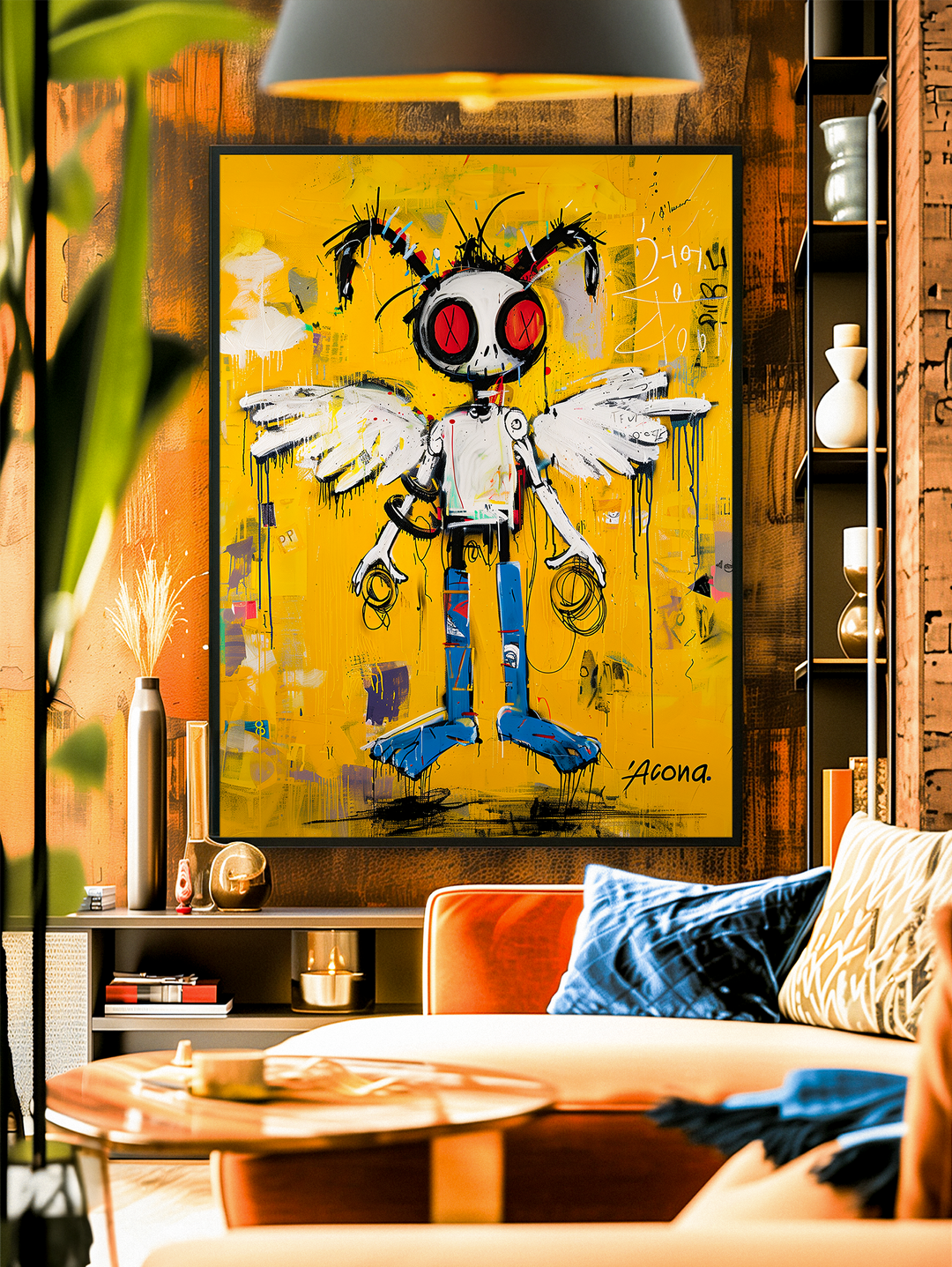 Unique graffiti artwork showing a robotic hornet angel figure with wings and striking red circular eyes on a textured yellow canvas, painted with chaotic brushstrokes inspired by Basquiat’s abstract urban style.