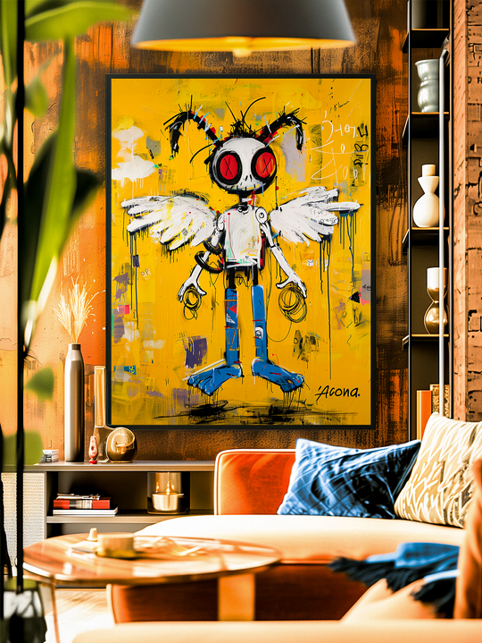 Unique graffiti artwork showing a robotic hornet angel figure with wings and striking red circular eyes on a textured yellow canvas, painted with chaotic brushstrokes inspired by Basquiat’s abstract urban style.