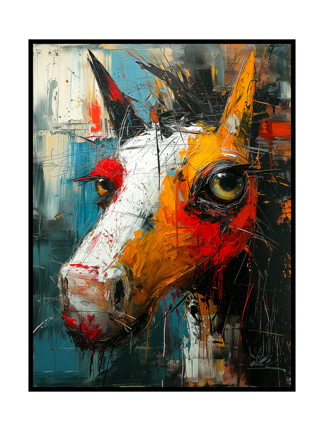 Expressive abstract wall art poster featuring a close-up horse portrait painted with dynamic brushstrokes and layered textures. Bold splashes of red, orange, blue and white create a powerful, emotional composition with strong contrast and movement. Contemporary animal artwork designed as statement wall art for modern interiors, creative studios or art-focused living spaces.