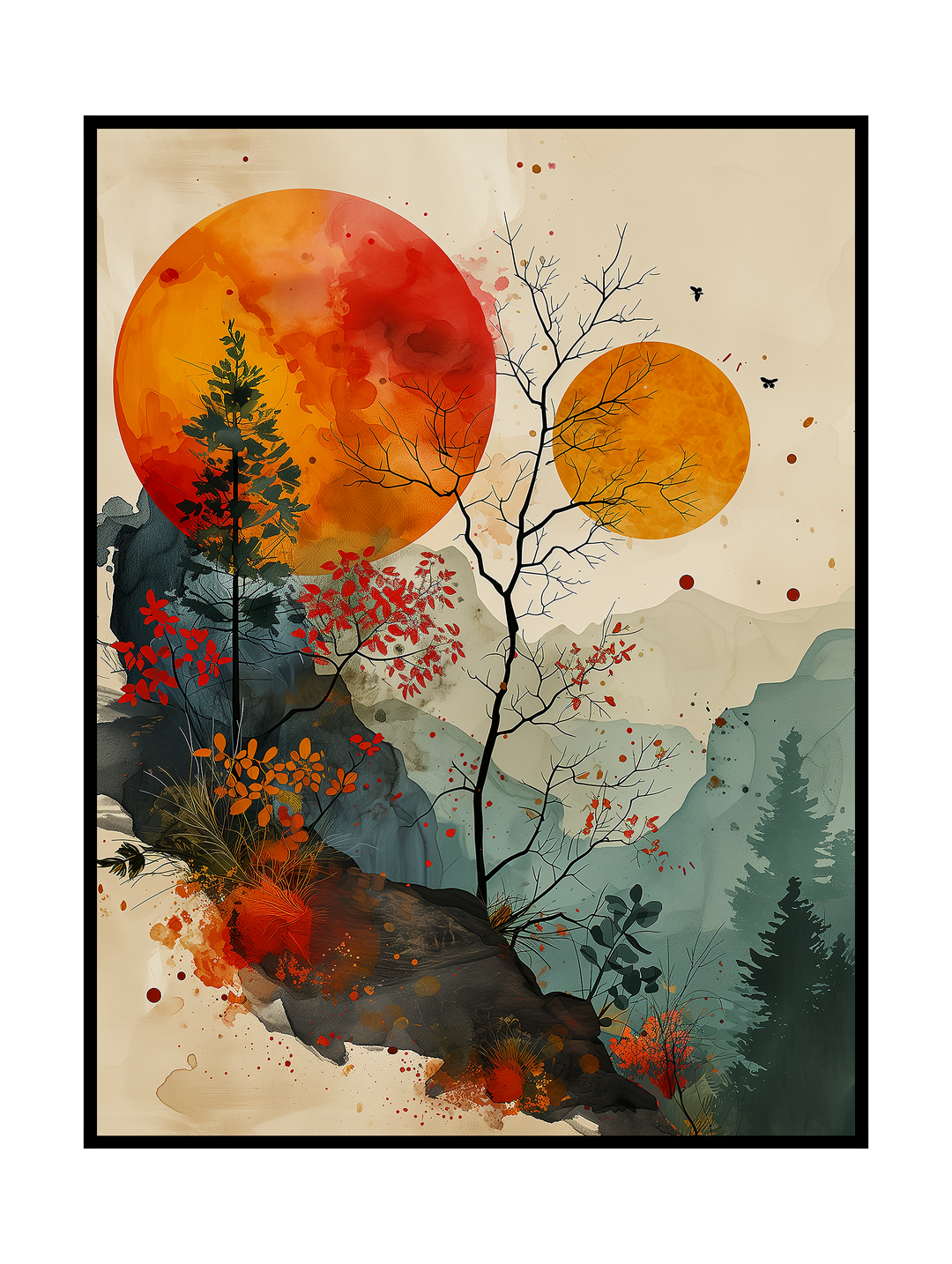 Modern abstract landscape wall art poster depicting a stylized nature scene with layered mountains, delicate trees and bold red and orange sun circles. Soft watercolor textures and earthy green tones create a calm yet expressive composition with depth and atmosphere. Contemporary nature-inspired artwork designed as statement wall art for modern interiors, living rooms or minimalist spaces.