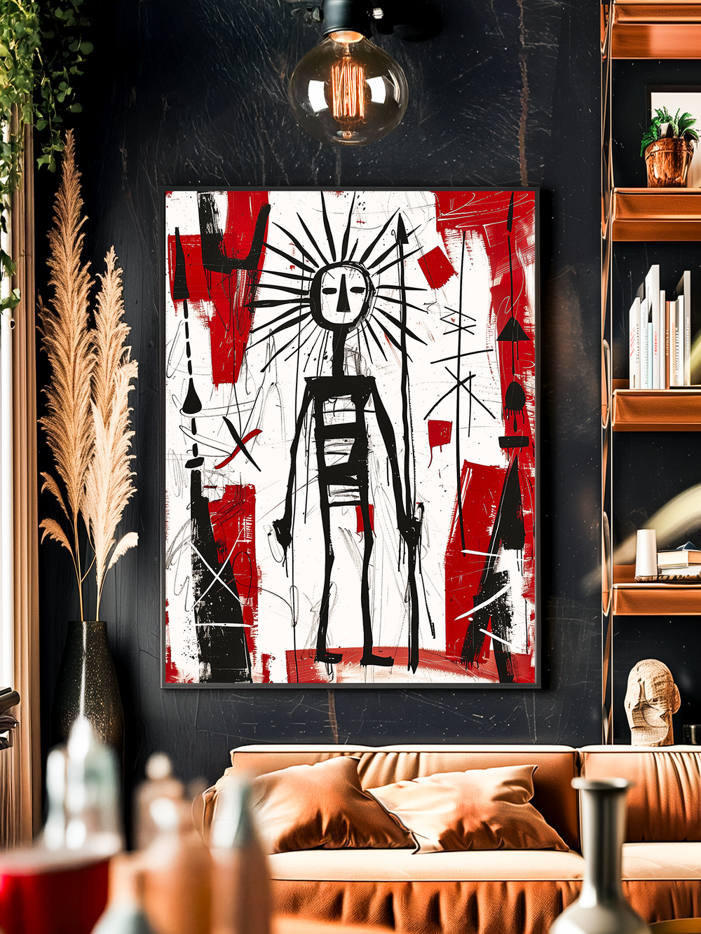Frontal view of a modern art poster featuring abstract tribal lines and bold red, black, and white contrasts, hanging on a black textured wall above a beige-brown velvet couch. The interior includes warm lighting, pampas grass in a vase, bookshelves with decor, and blurred foreground elements creating realistic depth.