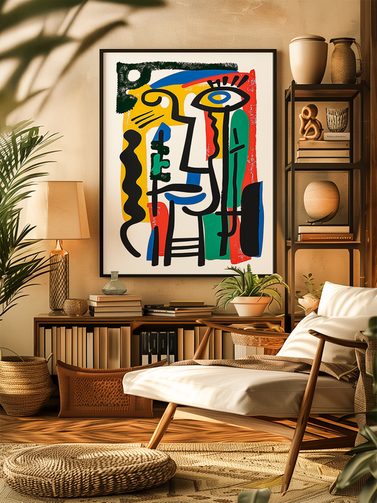 A modern living room featuring an abstract colorful poster in cubist style with bold shapes and lines, displayed in a minimalist black frame. The room has a warm, natural vibe with woven baskets, a rattan lounge chair with white cushions, wooden shelves decorated with pottery and books, a neutral-toned rug, and lush green plants adding organic accents. Soft lighting and earthy tones create an inviting, contemporary atmosphere perfect for showcasing stylish home decor.