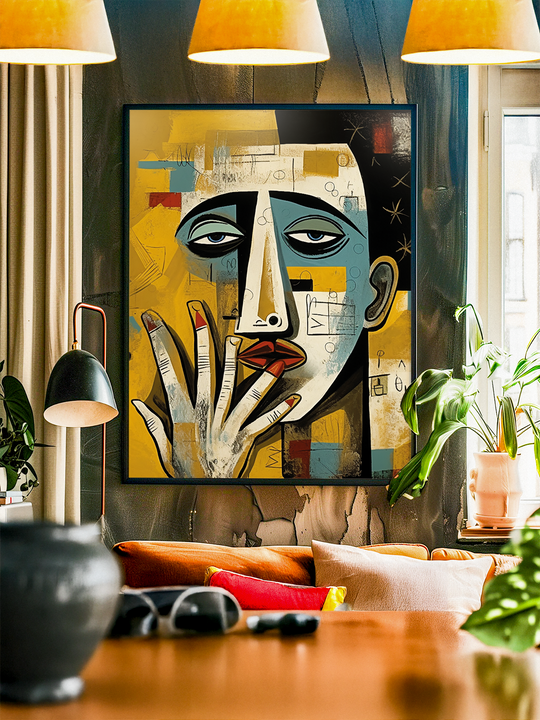 Framed abstract artwork of a stylized human face with expressive eyes, bold lines, and colorful geometric patterns, hanging above a cozy sofa with vibrant cushions, surrounded by indoor plants and modern pendant lamps in a contemporary living room.