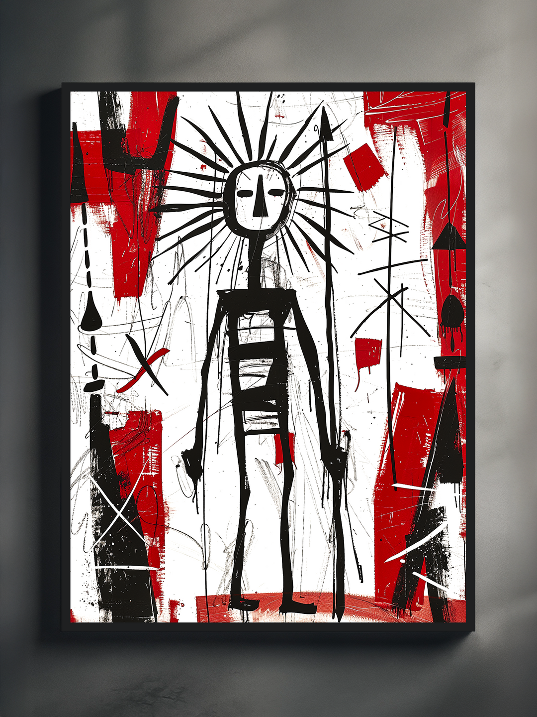 Striking abstract wall art featuring a tall minimalist figure with a radiant sunburst head, bold black lines, and red paint blocks on a textured white background.