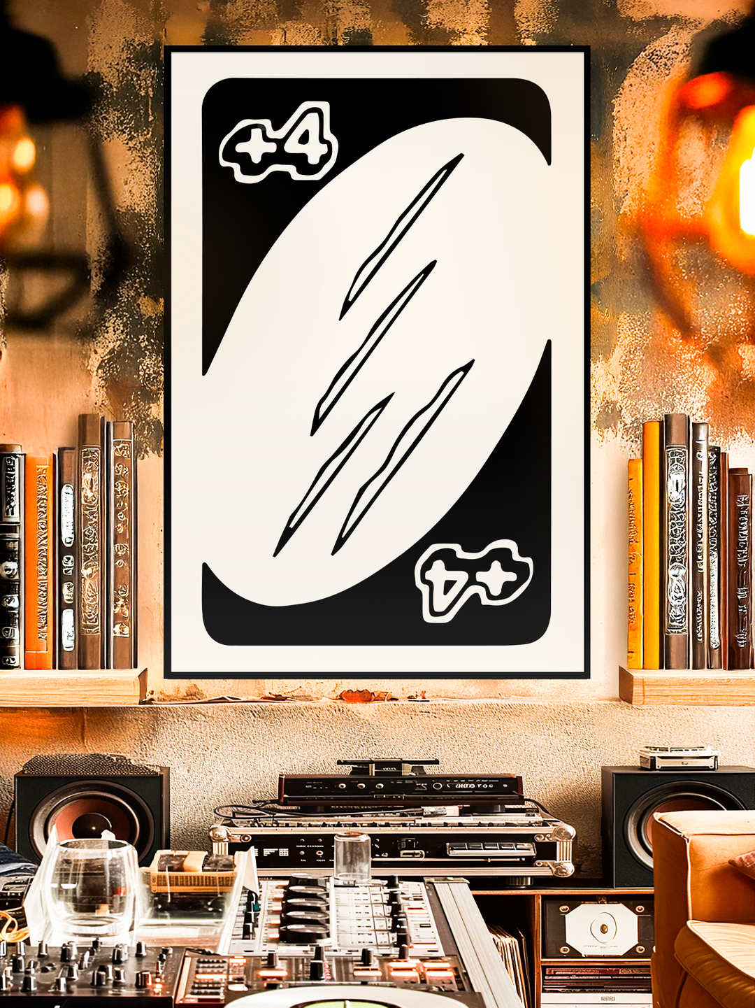 Unique wall art poster featuring an abstract Uno style +4 card design with four minimal line symbols, displayed in a retro DJ room with vinyl records, turntables and warm lighting, perfect for party inspired decor and modern interior wall art.